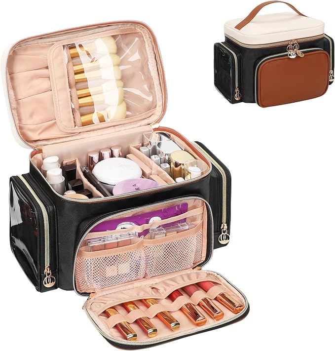 Bagmoly Large Makeup Bag, Portable Travel Makeup Bag Organizer for Women Girls with Makeup Brush Compartment & Two Side Pockets, Cosmetic Travel Bag Vertical Storage Toiletry Bag- Brown
