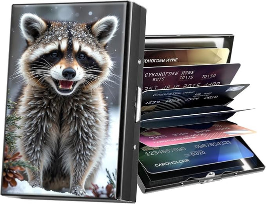 Metal Wallet,Credit Card Holder for Women Men,RFID Blocking Card Holder Mini Slim Aluminum Wallet ID Case Hard Case Business Card Holder Case,Raccoon Snow Cute
