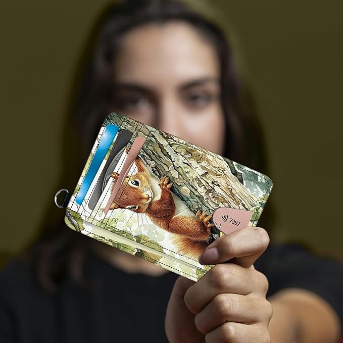 Small Travel Wallets, Squirrel Slim Minimalist Front Pocket Wallet with Wristlet, RFID Blocking PU Leather Credit Card Holder with ID Window Change Purse for Men Women
