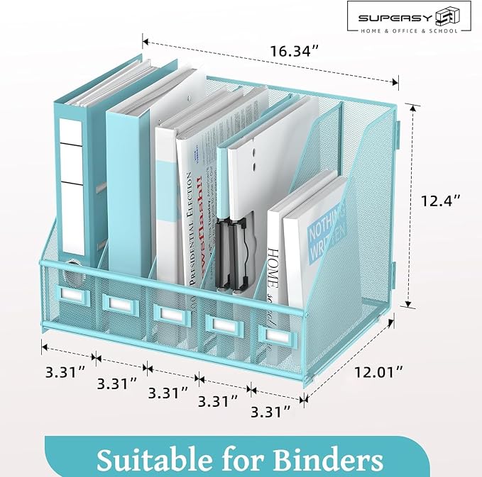 SUPEASY Desk Organizers Metal Desk Magazine File Holder with 5 Vertical Compartments Rack File Organizer for Office Desktop, Classroom, Home Workspace, Blue Plus