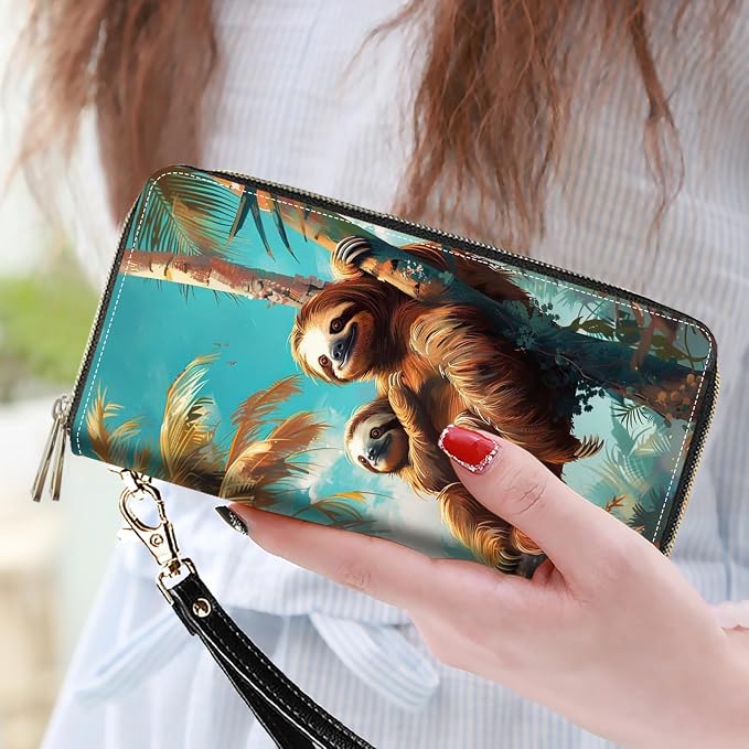 Women's Large Capacity Wallet PU Leather Double Zipper Clutch Purse Multifunctional Wallet with Removable Wristlet Strap for Smart Phone/Coin/Card/Cash, Sloth