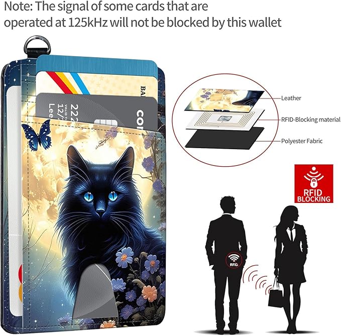 Slim RFID Blocking Card Holder Wallet with Wrist Strap - Minimalist Front Pocket Wallet, Black cat Moon Design, PU Leathe, for Men & Women, Ideal for Travel & Gifts