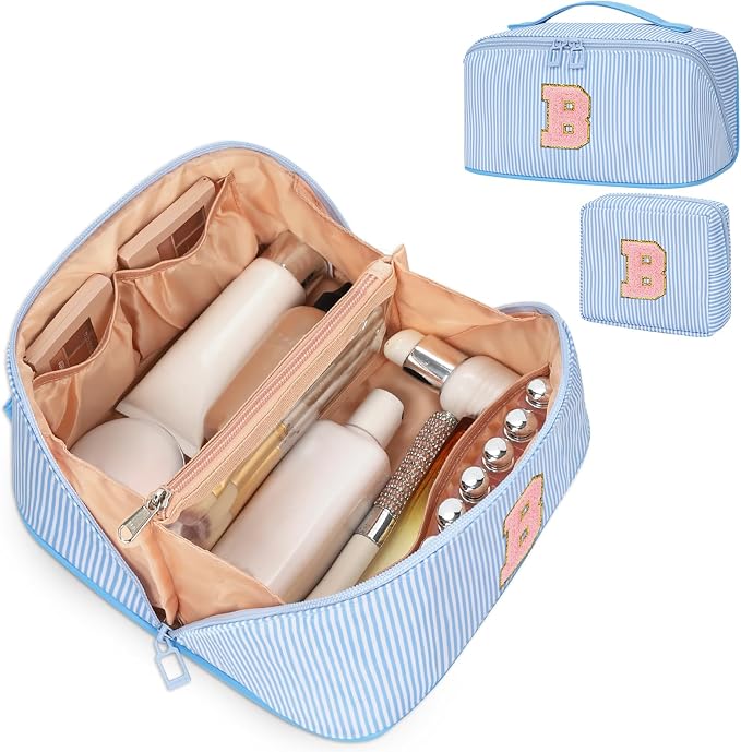 2026 Graduation Gifts - Travel Makeup Bag for Women, 2Pcs Portable Personalized Initial Makeup Organizer Bag, Open Flat Large Cosmetic Bag With Travel Essential Pouch (Blue Letter B)