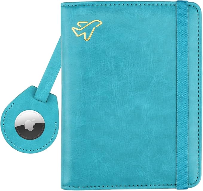 WALNEW AirTag Passport Holder, PU Leather Airtag Wallet RFID Blocking Passport Cover Travel Essentials Case for Women Men (Light Blue)