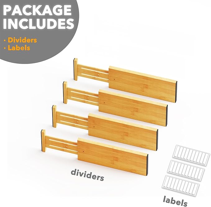 SpaceAid Bamboo 4 Pack Dresser Drawer Dividers, 4.65??High Adjustable 12.5??17??Drawer Organizers, Expandable Organization for Clothing, Clothes, Dressers, Natural