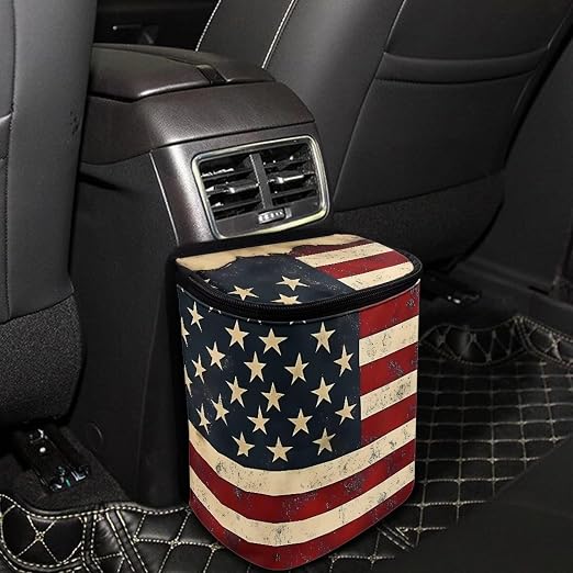 Biyejit Vintage USA Flag Car Trash Can with Lid - Trash Bag Hanging Storage Pockets Leak-Proof Organizer Portable Waterproof Garbage Bin, Large Capacity Multipurpose Bin