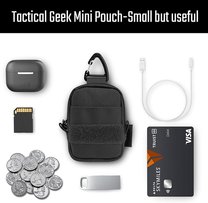 TACTICAL GEEK Storage A6 Mini Size EDC Utility Pouch, Mini Coin Purse with Custom Carabiner, EDC Mini Size Pocket Organizer, Wireless Headset Pack, Key Waist Case for Daily Carry Black