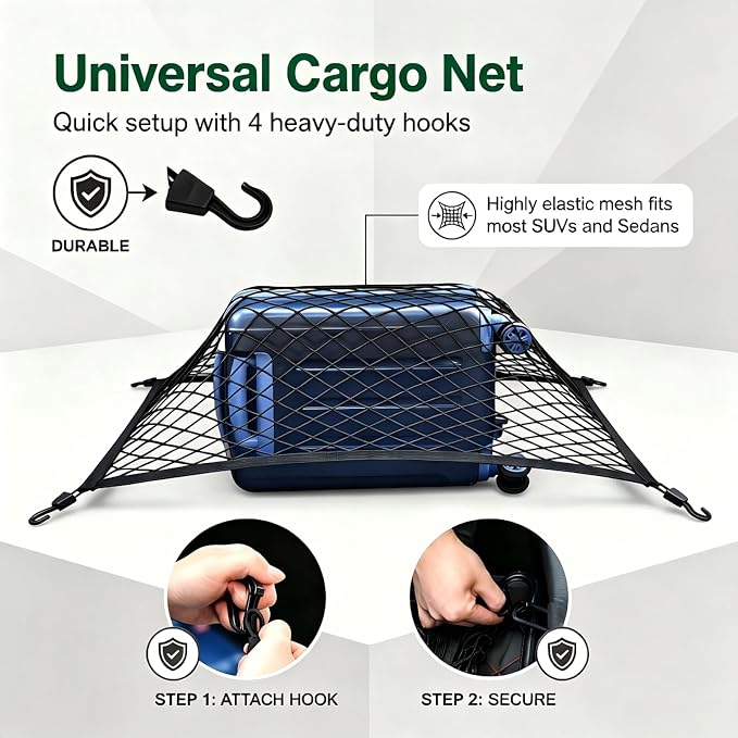 Car Trunk Cargo Net, 31.5" x 23.62" Highly Elastic Trunk Net Organizer with Hooks, Adjustable Mesh Cargo Storage Nets, Universal for SUVs, Cars and Trucks (Black)