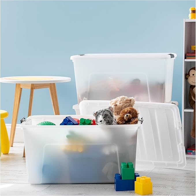 IRIS USA 72 QT Plastic Storage Box with Lid and Latches - 8 Pack - BPA-Free, Discreet Organizing Solution, Durable Nestable Stackable Containers, Secure Pull Handle - Pearl