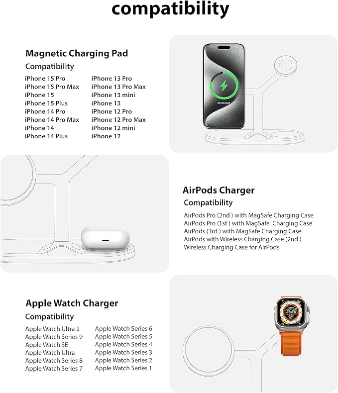 3 in 1 Wireless Charging Station for Apple Devices with MagSafe | Charging for iPhone 17/Air/16/15/14/13, AirPods, Apple Watch, Weighted Stable Charging Stand, USB-C Adapter Included