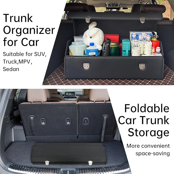 Car Trunk Organizer with Lid,Foldable Faux Leather Cargo Storage Box,3 Compartments,Collapsible Multi-Functional for SUV,Sedan,Vehicle Trunk