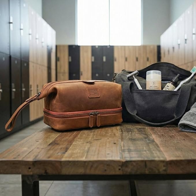 LEATHER VILLAGE Genuine Leather Dopp Kit – Large Travel Toiletry Bag with Waterproof Lining, Dual-Zip Design for Men & Women, Organizer for Shaving, Makeup & Essentials - Tan