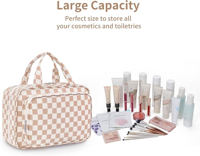 Narwey Travel Toiletry Bag for Women Large Hanging Makeup Bag Organizer Toiletries Bag for Full Size Essentials Accessories Cosmetics (Light Checkerboard (Large))