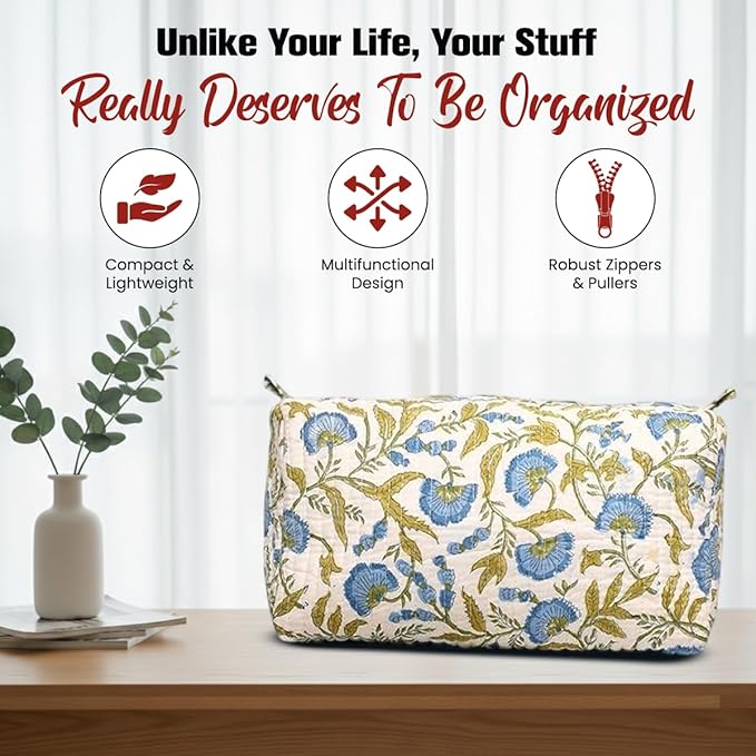 Cotton Hand Block Floral Print Toiletry Bag For Women Make Up Cosmetic Bag Jewelry Organizer Kit Storage Bag Case Travel Accessories Essential Toiletries Purse Open Pouch (White 2, Set of 1)