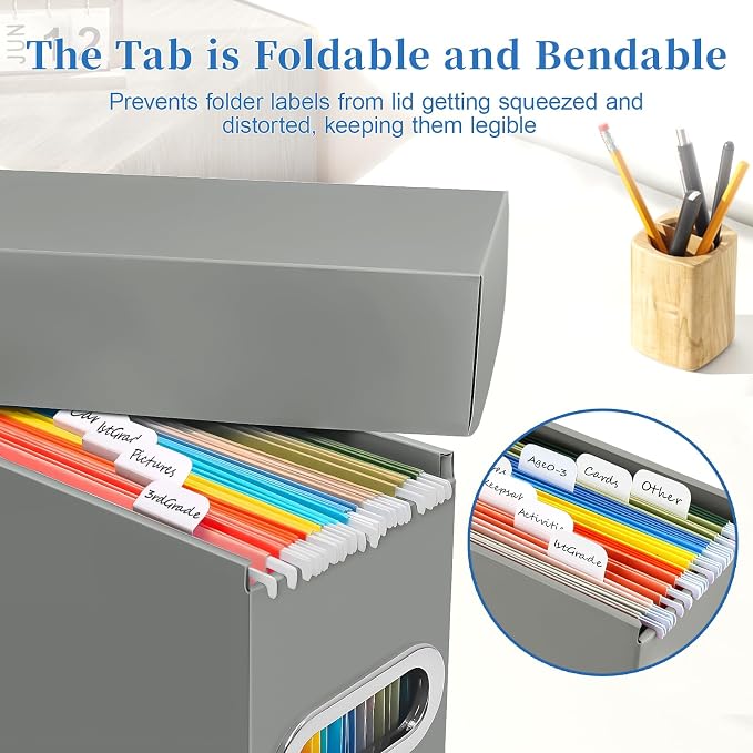 File Organizer Box with Lid & Handle, Thickened Cardboard Hanging File Folder Storage Boxes for Letter Size, Portable Filing Organizer for Office, Home, Classroom, Greige 2 Pack