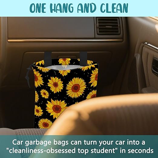 Car Garbage Bag Blooming Yellow Sunflowers Drawstring Car Trash Bag Hanging for Back Seat with Adjustable Buckle Canvas Vehicle Trash Can Easy-to-Install