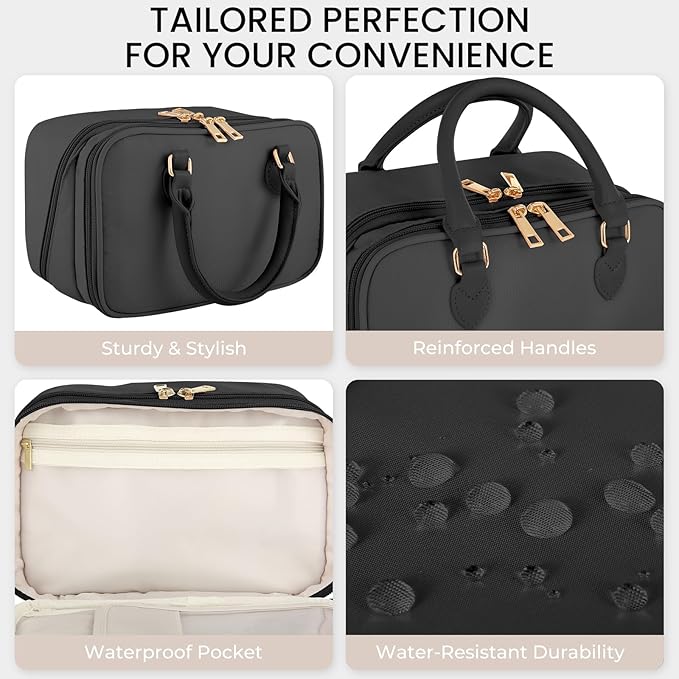 Travel Makeup Bag for Women Fashion Large Capacity Pouch Open Flat Cosmetic Portable Organizer Waterproof Large Opening Storage Toiletry Bags Vertical Free-Standing Brush Holder for Easy Access Black