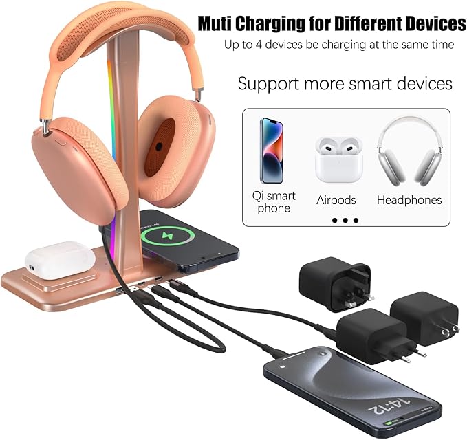 Headphone Stand with Wireless Charger,Gaming Headset stand with RGB Light Mode,For Airpod Max Stand Compatible with Airpod Pro/3/2,For iPhone 17/16/15/14/13/12/11,Gifts for Gamers & Music Lover (Gold)