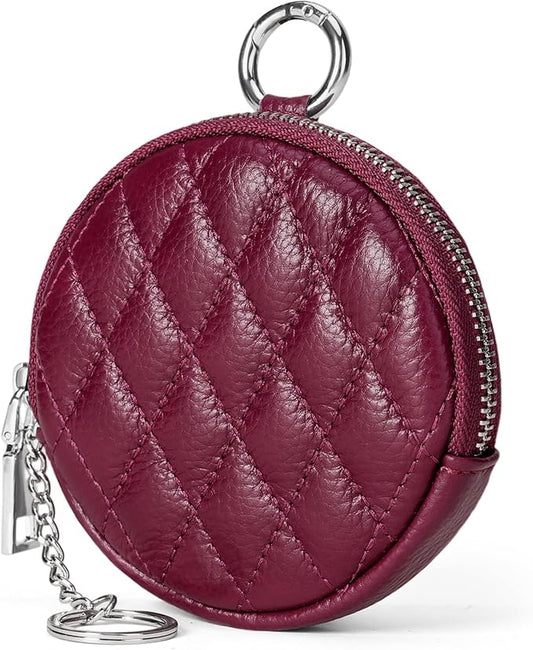 SENDEFN Leather Round Coin Purse for Women with Keychain Small Change Wallet Zipper Coin Pouch