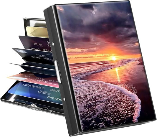 Metal Wallet for Women Men Girls, RFID Blocking Slim Aluminum Credit Card Holder, Mini Travel Wallet with Hard Shell, Lightweight ID & Business Card Case,Sea Beachs