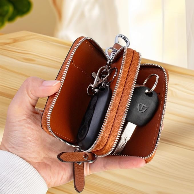 2 Pack Double Zipper Car Key Case, Retro Leather Car Key Fob Holder, Women Key Organizer with Metal Hook Keyring, Mens Vintage Key Coin Bag Black Brown