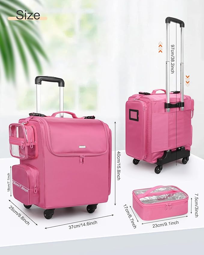 Relavel Rolling Makeup Train Case, Hairstylist Traveling Bag with 4 Wheels, Heat Insulation Full Layer, Adjustable Dividers, Hair Tools and Cosmetics Storage Organizer Trolley Suitcase, Rose Pink