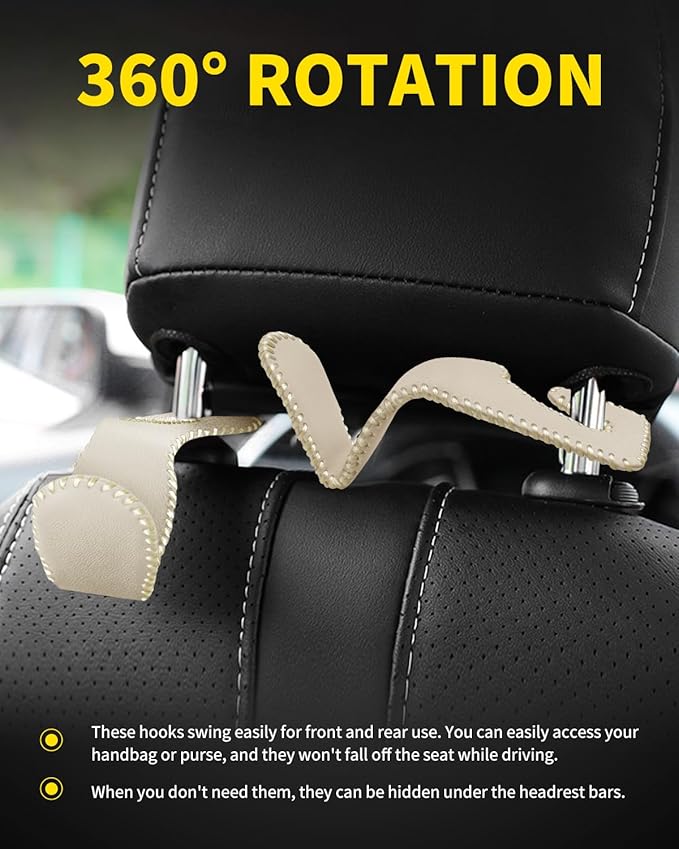 4 Pack Superior Leather Car Seat Headrest Hooks with 44 Pounds Load Capacity, Hangers Storage Organizer Universal Car Interior Accessories for Handbags Water Bottles Umbrellas, Beige