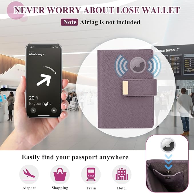 BKNOOU RFID Blocking Passport Holder with Airtag Slot- Leather Travel Passport Wallet for Women, Slim Bifold Travel Passport Holder Holds Cards & Tickets & Cash (Light Purple)