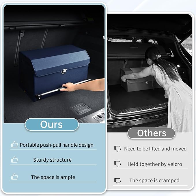 Car Trunk Organizer, Car Trunk Leather Storage Box with Lid and Push-pull Handle Car Trunk Storage Organizer for Car (Blue, 20.47 x 11.42 x 12.2in)