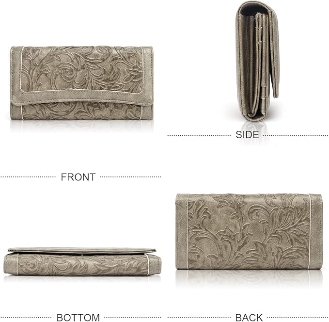 MEITRUE Women's Wallet Leather RFID Blocking Trifold Ladies Purse Embossed long Clutch Card Holder Phone Checkbook Organizer