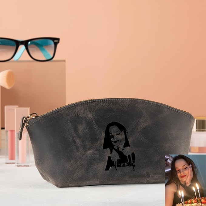 Blade Premium Personalized Genuine Leather Cosmetic Makeup Bag - Wedding Gift for Bridesmaid, Travel Organizer Clutch for Women with Zipper Pouch for Toiletry Essentials (Gray)