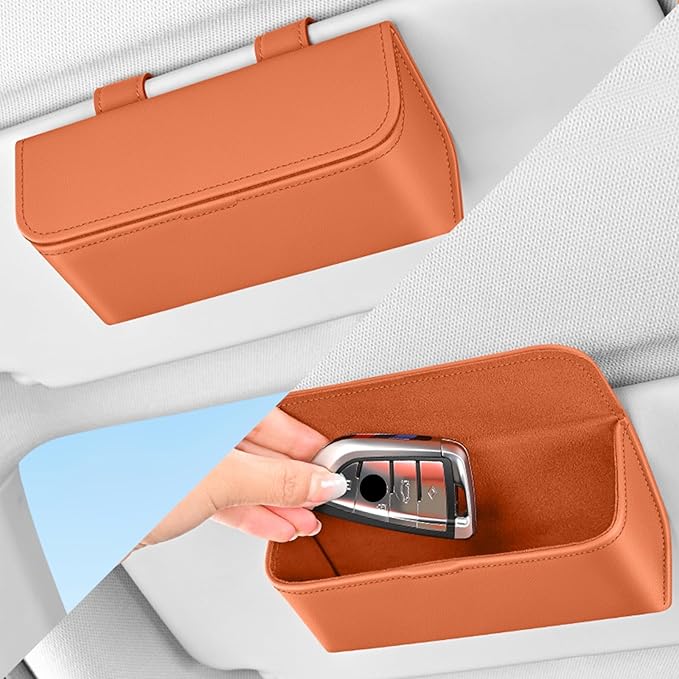 Car Sunglasses Holder, Large Capacity Universal Fit Magnetic Closure Clip-On Visor Accessories Glasses Protective Storage Box for Man Women Orange