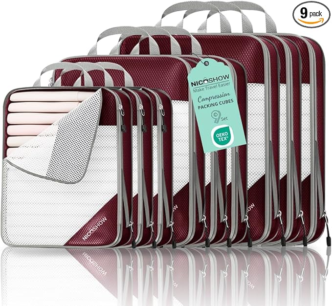 9 Set Compression Packing Cubes for Travel - Compressible, Lightweight, and Space-Saving Packing Cubes, Travel Essentials for Women, Wine
