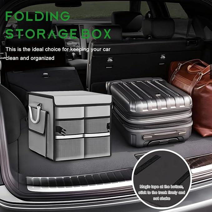 Trunk Organizer with Lid, 28L Collapsible 2-Compartment Car Storage Box with Reinforced Handles, Multipurpose Waterproof Oxford Storage Organizer for SUVs Sedans Trucks (Gray)