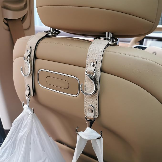 Car Purse Hook for Men Women-Upgraded 3 in 1 Stronger Superior Leather Car Purse Holder Vehicle Seat Headrest Hanger Hooks for Grocery Bag Coats Umbrellas Handbag Car Hooks Car Accessories Interior