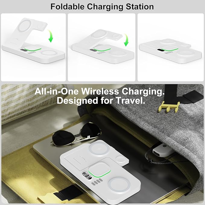 Dual Phone Magnetic Wireless Charging Station for Apple Devices/Apple Ecosystem, 7-Color Auto Light & 12H Clock, Multi-Device Charger for iPhone 17/16/15, for iWatch 11/10/9 & AirPods Pro3(White