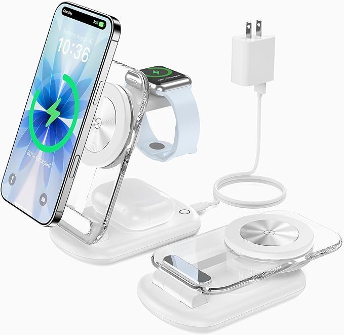 3 in 1 Magnetic Wireless Charging Station for Apple Devices, Fast Foldable Travel Mag-Safe Charger Stand with Night Light for iPhone 17 16 15 14 13 12 Series, Apple Watch/AirPods Pro-Gift for Lovers