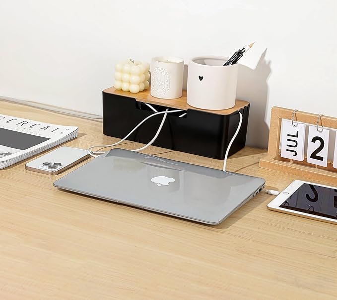 ABS Cord Organizer Box with Wooden Lid, Cable Management Box for Power Strips or Surge Protectors, Desk Cable Tidy Box for Office Home(Black)