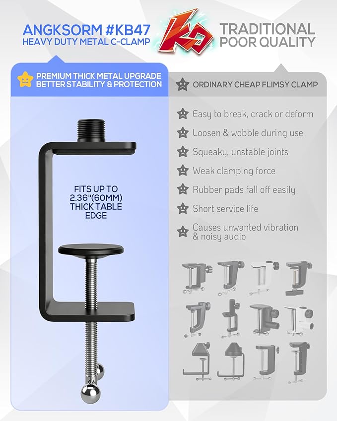Table Microphone Clamp KB47 - Heavy-Duty Desk Mic Metal Clamp Mount with 5/8-27 Male and 3/8-16 Female Thread, 1PCS