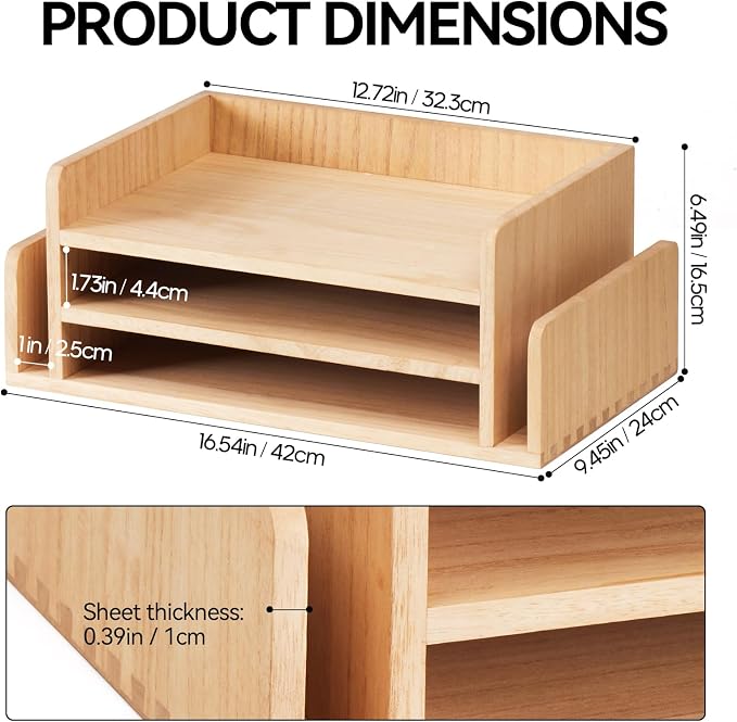 KIRIGEN Wood Desk Organizer 5 Trays, 3-Tier Desktop Document Letter Tray with Side Slots, Fully Assembled Mail Sorter and File Folder Holder for Home Office, Natural 2TP-NA