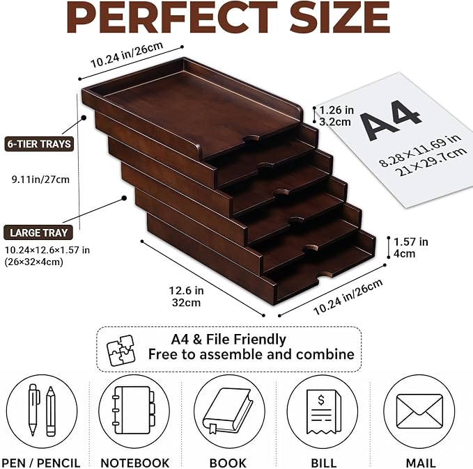 6 Tier Solid Wood Desktop File Organizer, Pull Out Stackable Paper Tray, Multi-use Desk Storage for A4 Documents, Folders, Mail, Bills, Tablet and Phone, Home Office Supplies Organizer