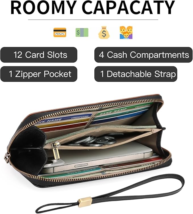 GOIACII Wallet for Women Ladies Wristlet Long Purse Zip Around Clutch RFID Blocking Vegan Leather