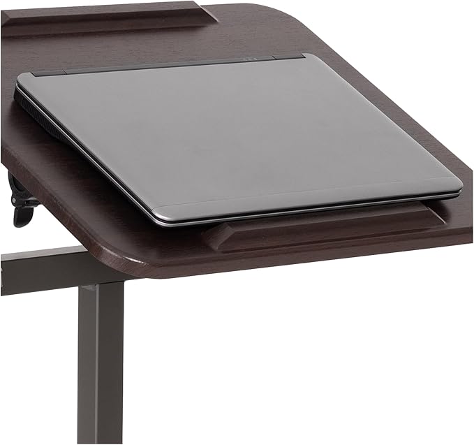 Seville Classics Airlift Height Adjustable Mobile Rolling Laptop Cart Computer Workstation Desk, Table for Home, Office, Classroom, Hospital, w/Wheels, Walnut, Tilt w/Side Table (28") (New Model)