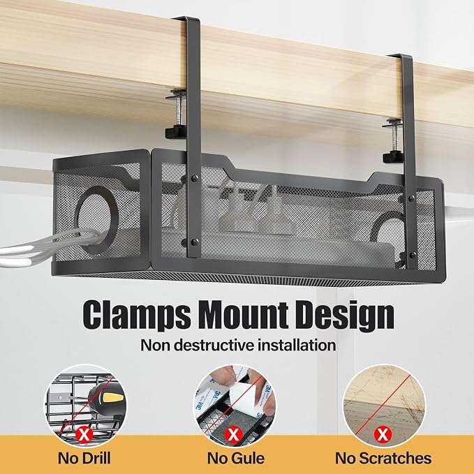 Under Desk Cable Management Tray, Heavy Duty Steel Wire Cord Organizer 13.4 Ich for Computer Desk, No Drill Adhesive or Screw Mount Options, Power Strip Holder for Home | Office | Shop (Black)