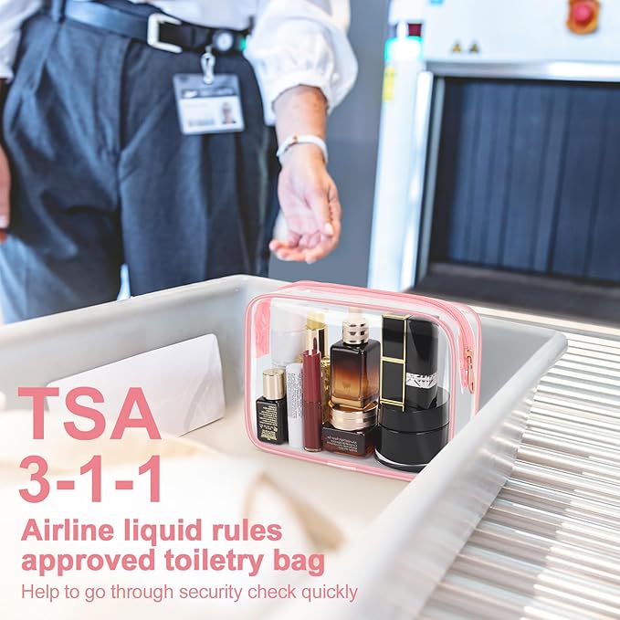 Wedama TSA Approved Toiletry Bag, Cosmetic Bags 4 Pack with Zipper Carry on Airline Airport Travel Accessories, PVC Makeup Bags for Travel, Quart Size Travel Bags for Men and Women-Pink