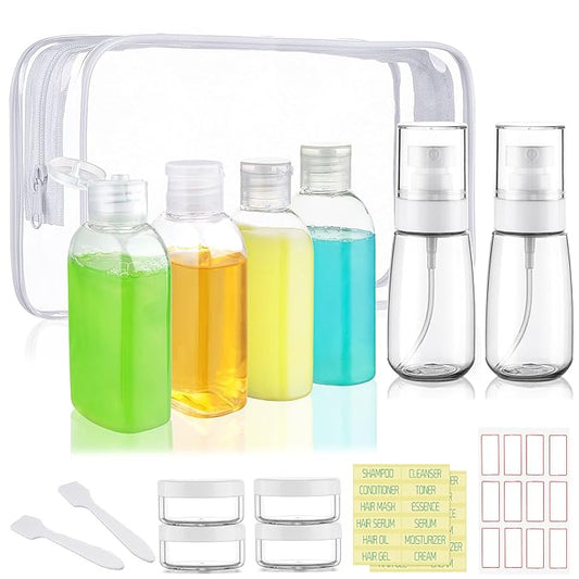 Travel Size Bottles for Toiletries 10 Pack Travel Size Toiletries TSA Approved Shampoo and Conditioner Bottles Refillable Spray Bottle Leak Proof Small Cream Jars for Body Wash Lotion