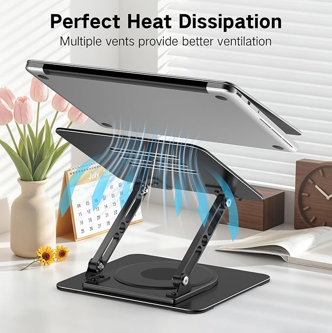 Adjustable Laptop Stand for Desk with 360 Rotating Base, Metal Foldable Laptop Riser Holder, Portable Desktop Book Stands, Ventilated Cooling Computer Notebook Stand Compatible with 10-15.6” Laptops