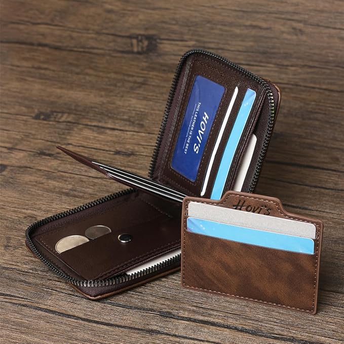 Eagles PU Leather Mens Compact Bifold Wallet, Vintage Zipper Wallet Closure with Detachable Card Case, 2 ID Windows & Snap Coin Pocket for Daily Travel Use (Brown)