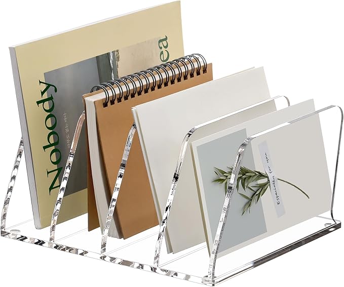 SANRUI Acrylic Desk File Sorter Organizer Holder, 4-Section Clear Vertical Letter File Folder Rack, Notebook Magazine Desktop Binder Mails Storage Bookshelf Upright Divider for Home Office School