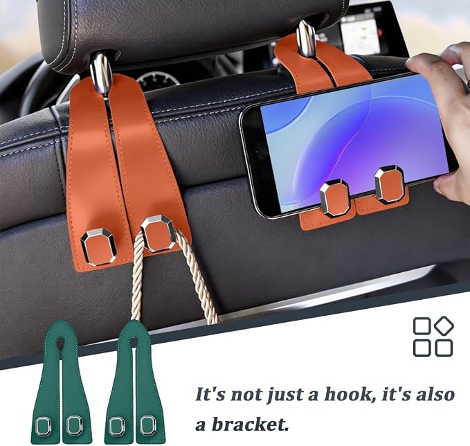 2PCS Car Headrest Hooks, Nappa Leather Metal Vehicle Double Seat Back Storage Hook for Purse Bag Coat, Multifunctional Automotive Interior Hanging Hanger, Universal Fit (Green)